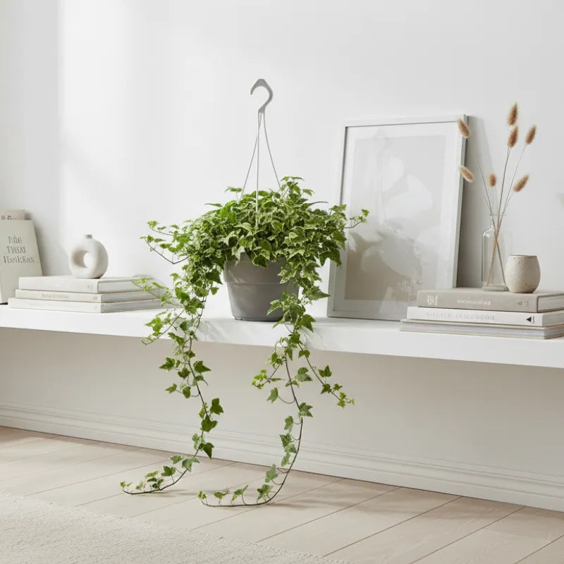 Edera variegata (Hedera helix) in vaso sospeso da 17 cm con rami ricadenti su mensola, pianta da interno decorativa