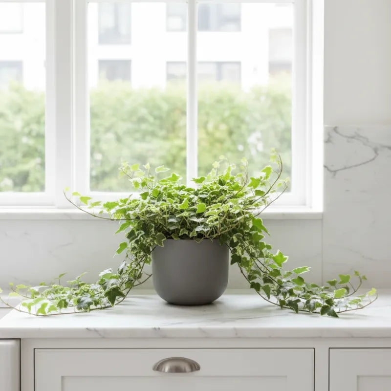 Edera variegata (Hedera helix) in vaso da 17 cm su davanzale, pianta da interno con foglie verdi e bordi chiari ricadenti