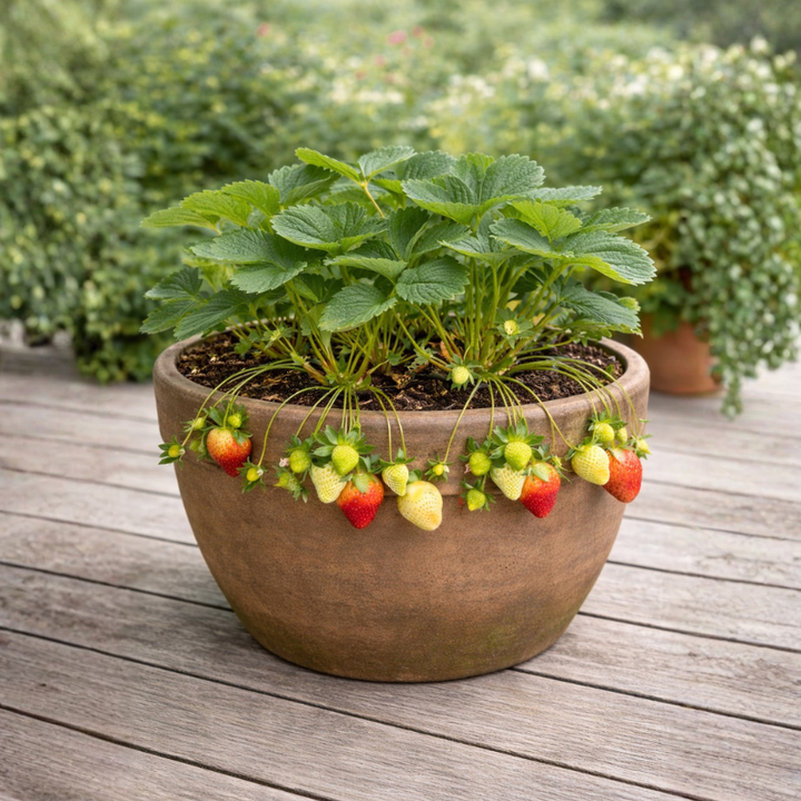Come curare la pianta di fragola - Pianta di fragola con fiori bianchi e fragoline in crescita