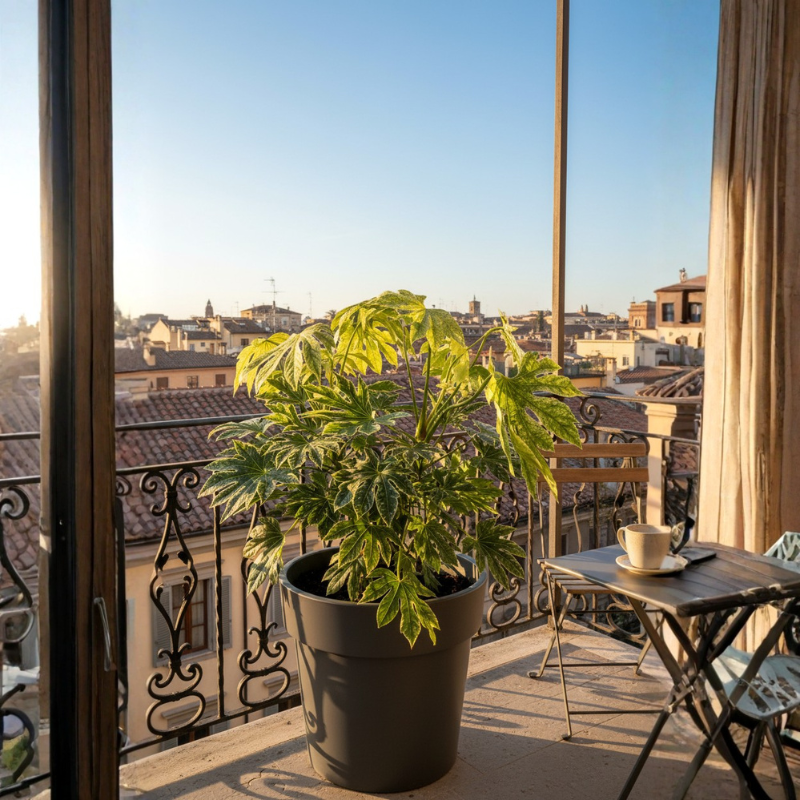 Fatsia Japonica variegata in vaso scuro su balcone con vista città, pianta decorativa da esterno