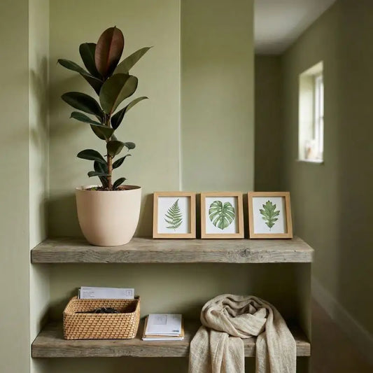Ficus Elastica in vaso decorativo moderno - pianta della gomma su mensola in ambiente interno
