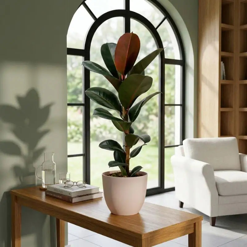 Ficus Elastica elegante - pianta da interno grande con foglie lucide vicino a finestra ad arco