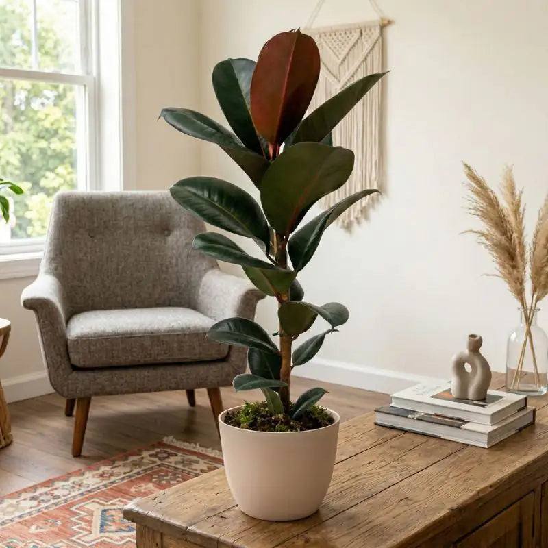 Ficus Elastica per arredamento soggiorno - pianta della gomma con foglie verde intenso su tavolino in legno