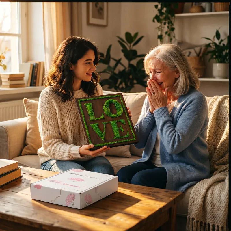 figlia regala quadro love in muschio stabilizzato alla mamma emozionata in casa