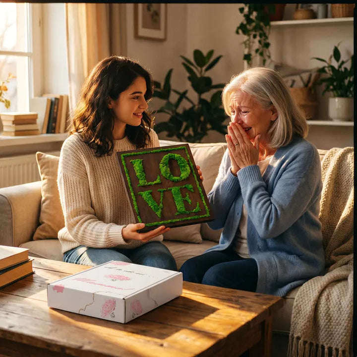 figlia regala quadro love in muschio stabilizzato alla mamma emozionata in casa