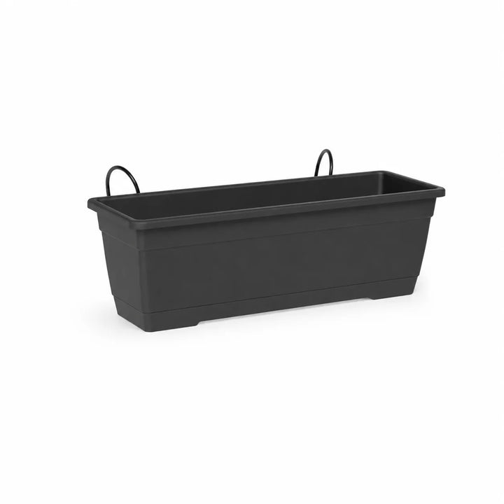 Fioriera Birka nera vuota con supporti integrati per installazione su ringhiere, realizzata in plastica resistente per uso esterno.