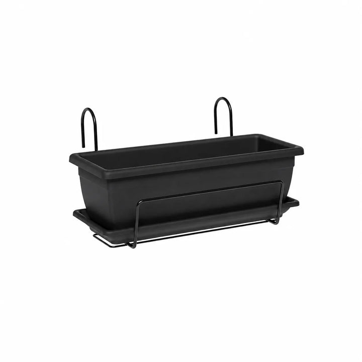 Fioriera da balcone Nara nera completa di sottovaso e struttura di supporto in metallo verniciato nero per esterni.