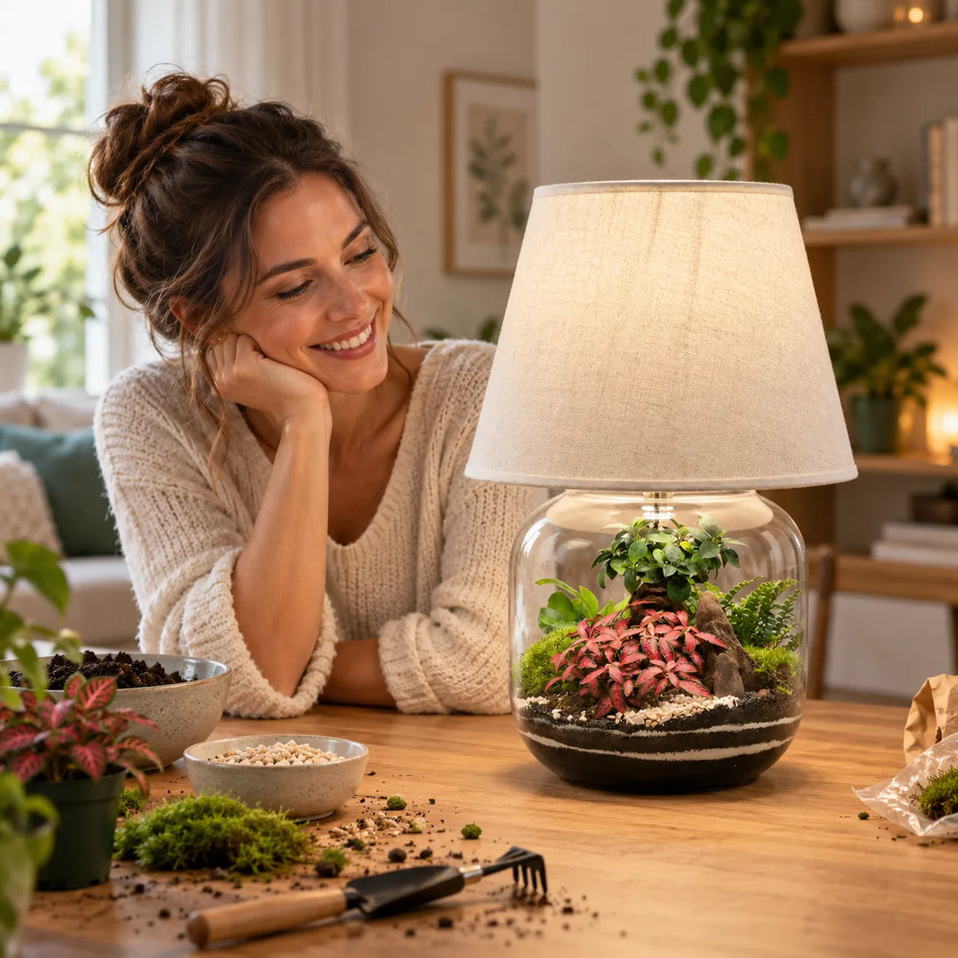 Kit Terrarium Lamparium Grande con piante verdi completato e illuminato, con vaso in vetro e paralume, realizzato con kit fai da te