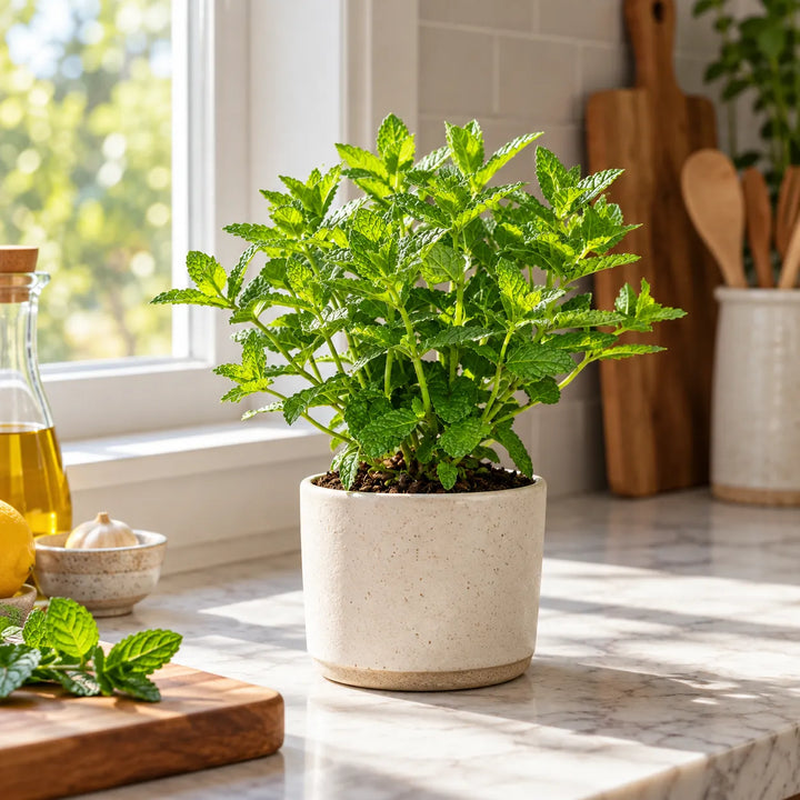 Menta Marocchina in vaso decorativo ambientata in cucina vicino alla finestra, ideale come pianta aromatica