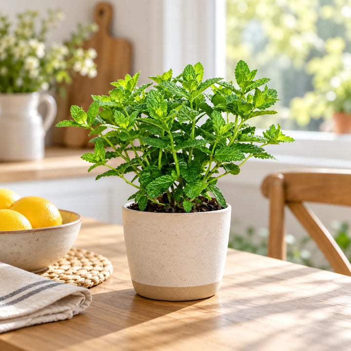 Pianta di Menta Marocchina in vaso decorativo ambientata su tavolo in una cucina luminosa