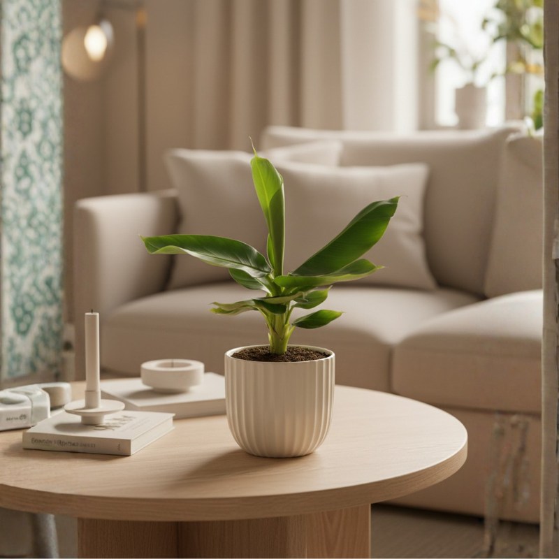 Musa Tropicana - pianta da interno tropicale in vaso ceramica su tavolino, ideale per soggiorno moderno