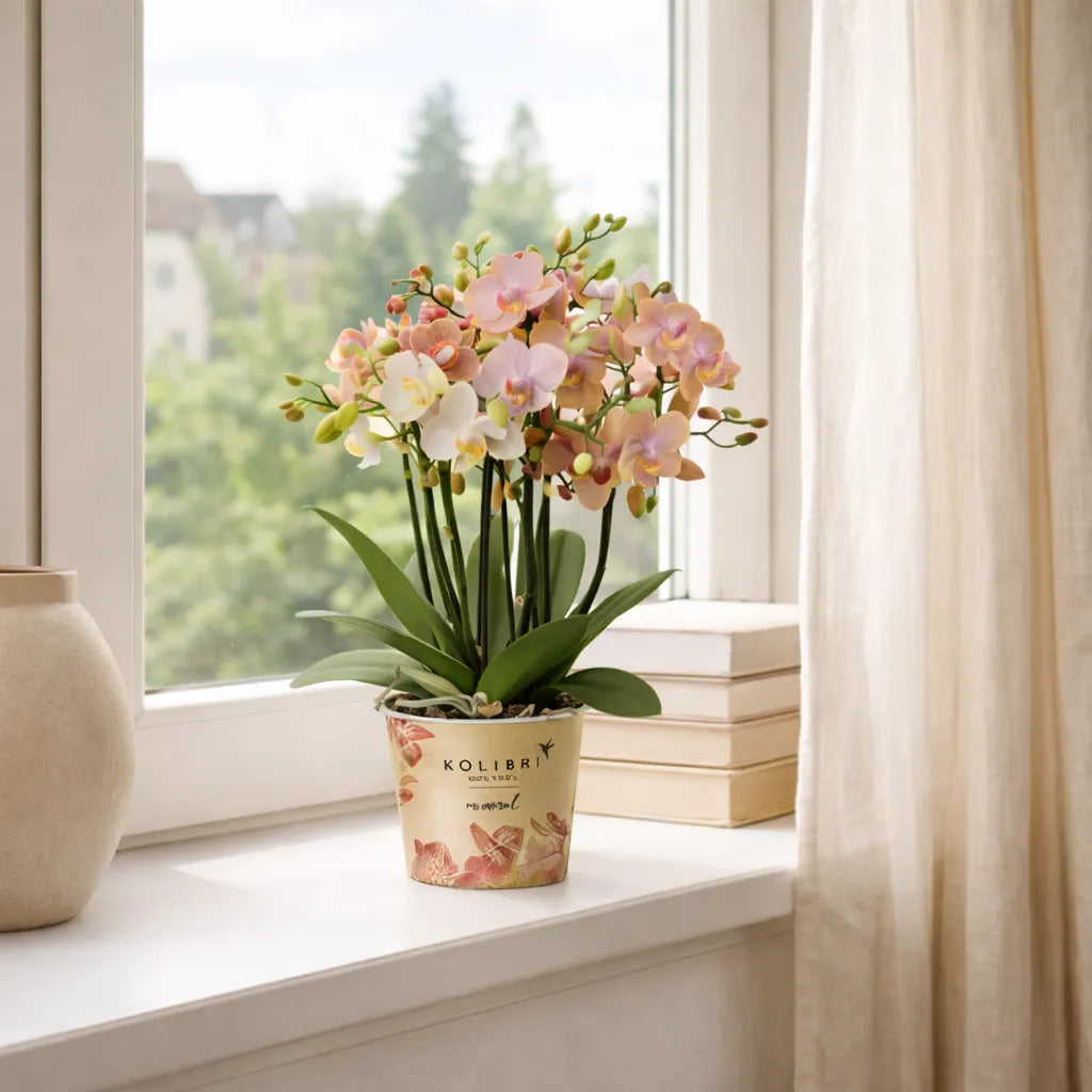 Orchidea Phalaenopsis a 3 steli dai colori pastello su mensola in ambiente luminoso