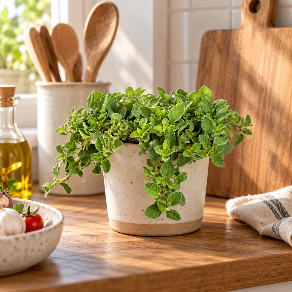 Pianta di Origano Vulgare in vaso ambientata in cucina, ideale per coltivare erbe aromatiche