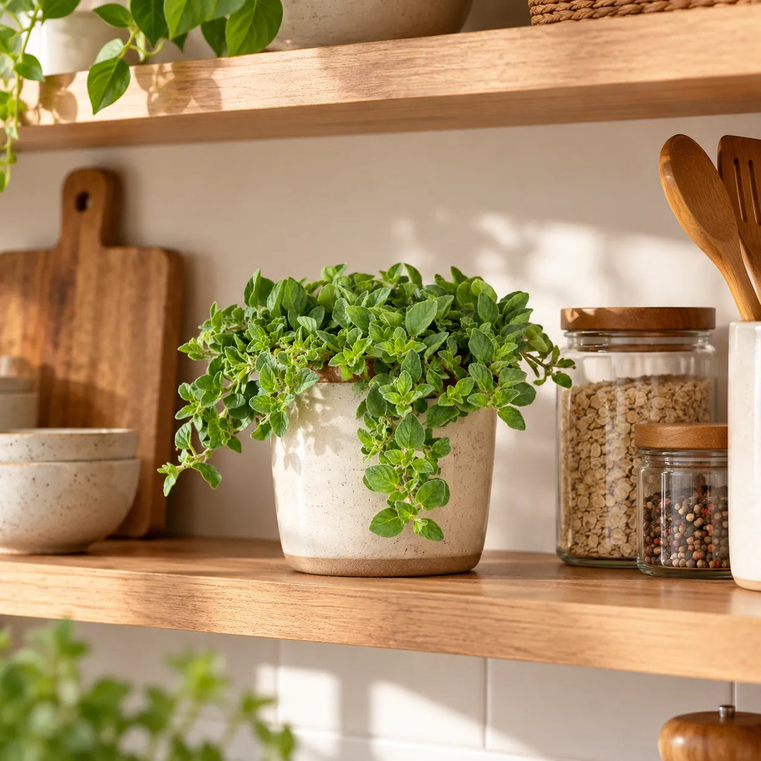 Pianta di Origano Vulgare in vaso decorativo, ambientata su una mensola in cucina
