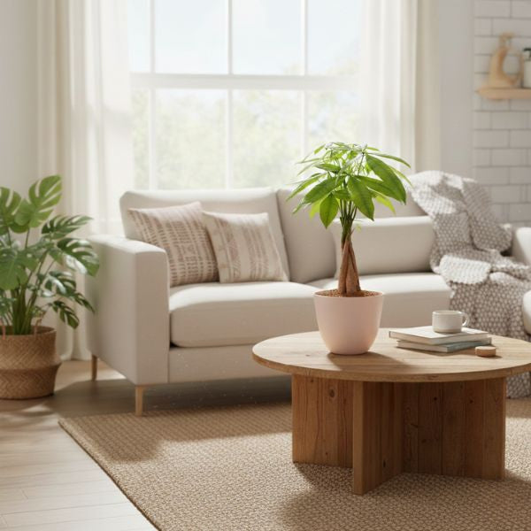 Pachira Aquatica con tronco intrecciato su tavolino in legno, pianta da interno tropicale perfetta per arredare soggiorni luminosi.