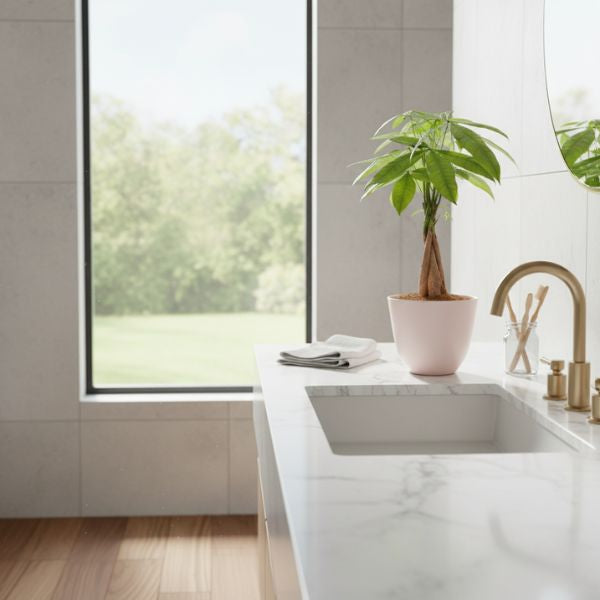 Pachira Aquatica con foglie verde brillante in vaso chiaro posizionata su piano bagno in marmo, pianta da interno elegante e resistente.
