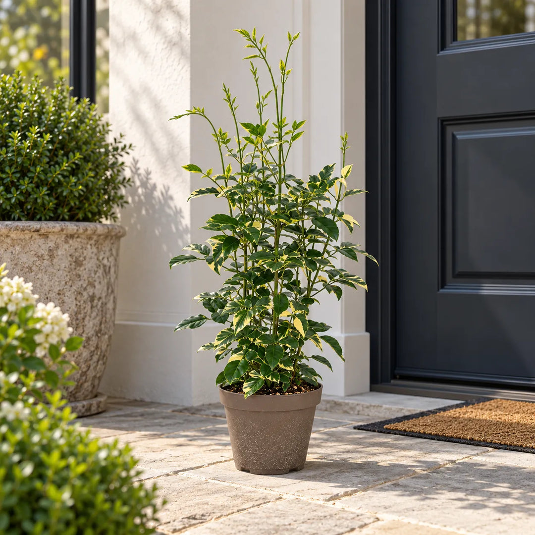 Pandorea jasminoides variegata in vaso su balcone, rampicante ornamentale da esterno