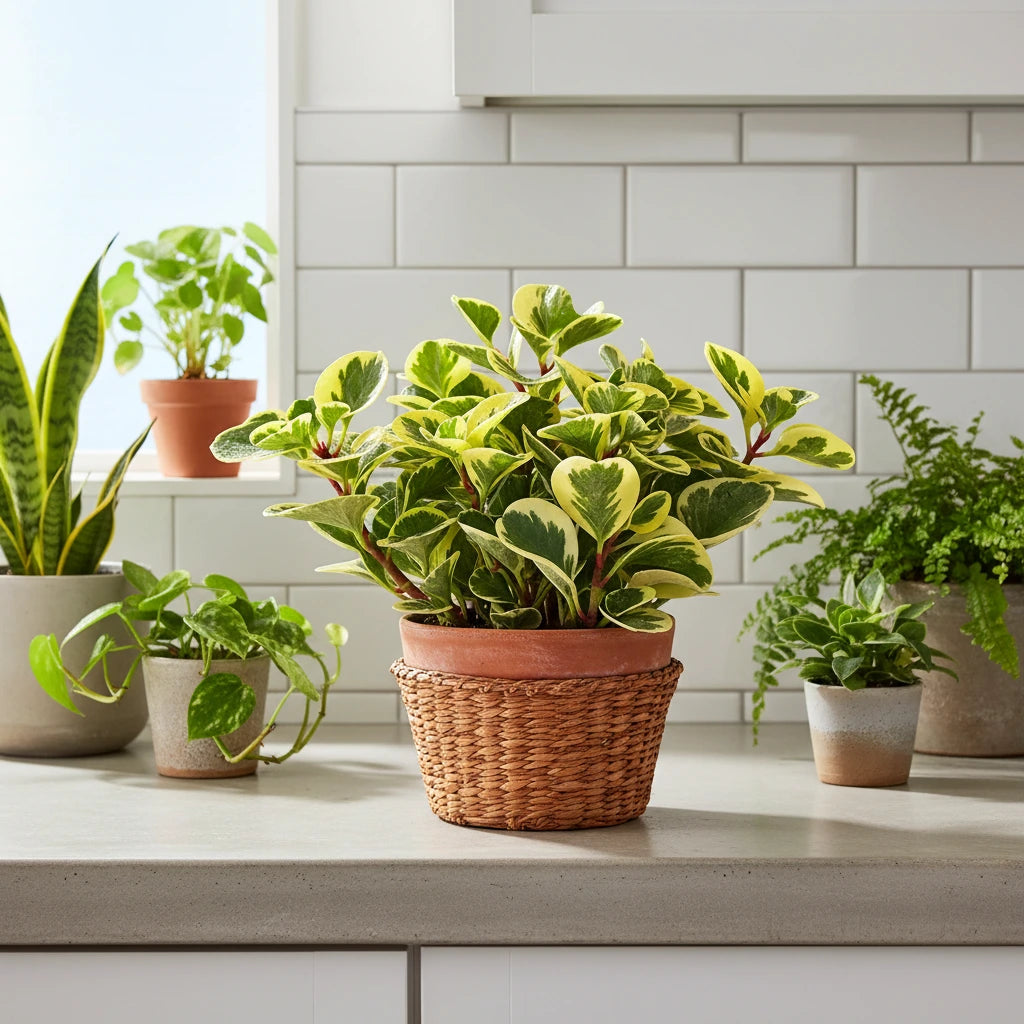 Peperomia Obtusifolia in vaso con coprivaso intrecciato su superficie, con altre piante da interno