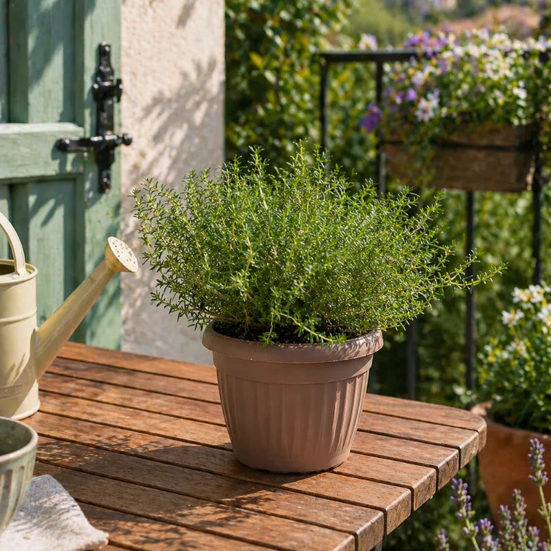 pianta di origano in vaso su tavolo da giardino erba aromatica per cucina