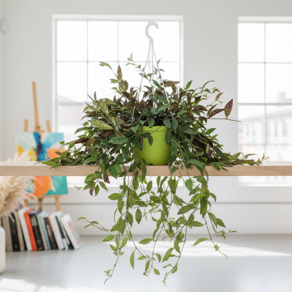 Pianta ricadente variegata in vaso sospeso su mensola in legno, pianta ornamentale per ambienti luminosi