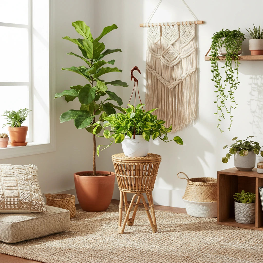 Pothos N'Joy - pianta da interno in vaso sospeso bianco in soggiorno moderno, ideale per ambienti luminosi