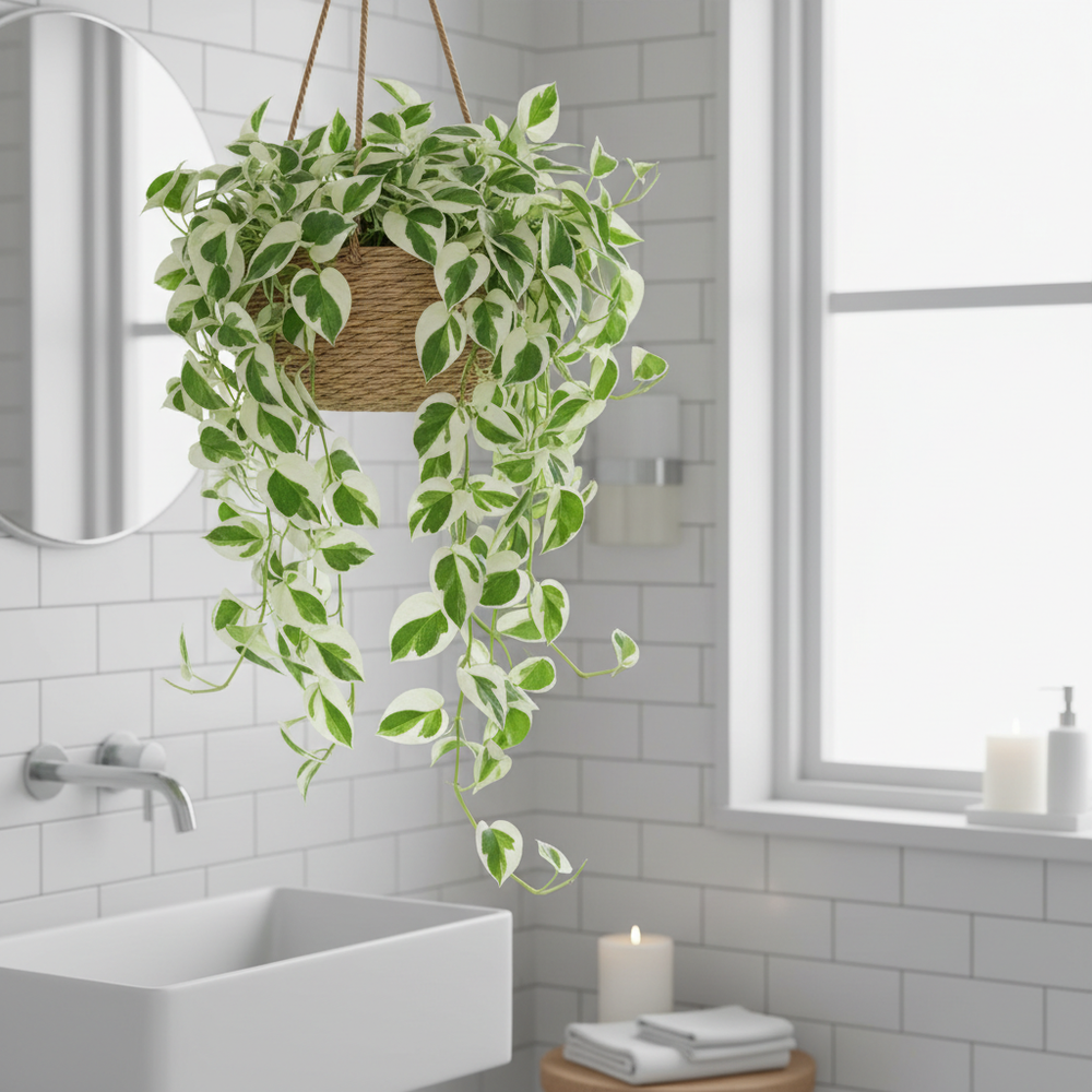 Pothos N'Joy basket 20cm appeso in bagno moderno - foglie variegate bianche e verdi
