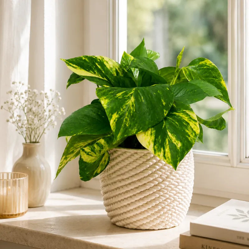 Pothos Aurea con foglie variegate verde e giallo collocato in vaso di ceramica artigianale Carina su davanzale luminoso, perfetto per arredare la casa con piante da interno.