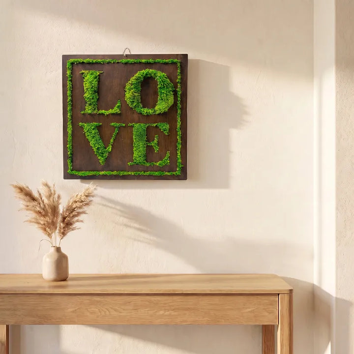 quadro love in muschio stabilizzato appeso a parete decorazione casa naturale senza manutenzione