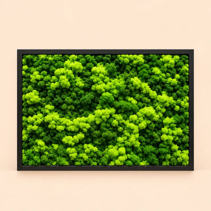 Quadro rettangolare 83x63 cm con cornice nera e licheni stabilizzati verde lime e verde scuro, fotografato frontalmente su sfondo beige.