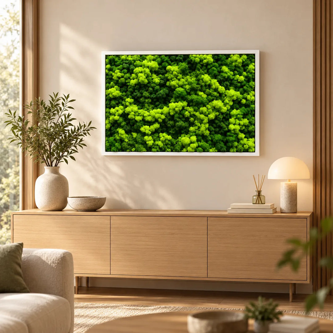 Quadro di licheni stabilizzati 83x63 cm con cornice bianca, appeso sopra una credenza in legno chiaro in un soggiorno contemporaneo.