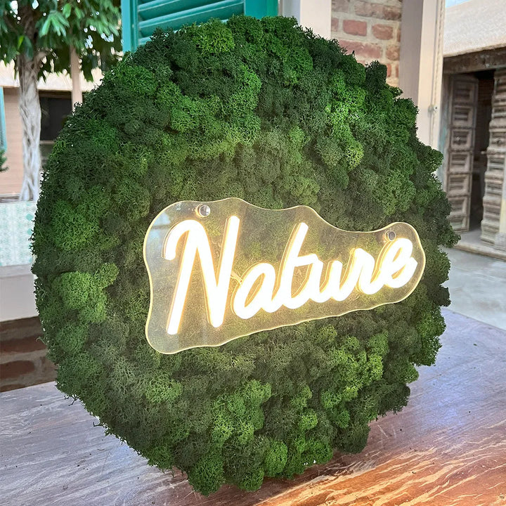 Quadro decorativo con muschio stabilizzato e scritta luminosa - ambientazione interna con verde stabilizzato