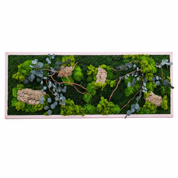Moss and lichen wall art with decorative elements, 140x50 cm, with a white frame