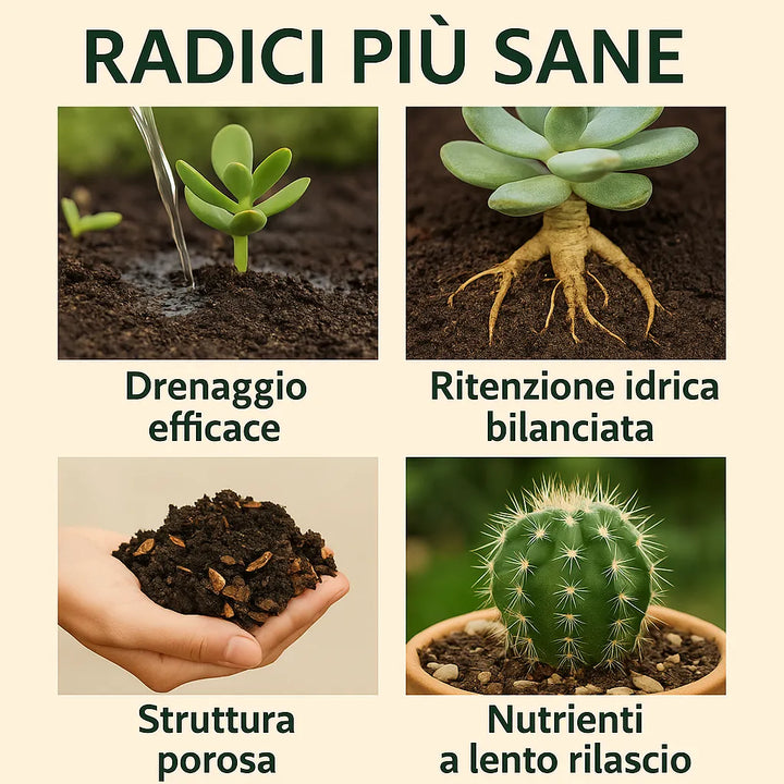 Dettagli sul terriccio per piante grasse con focus su drenaggio efficace, ritenzione idrica, struttura porosa e nutrienti a lento rilascio.