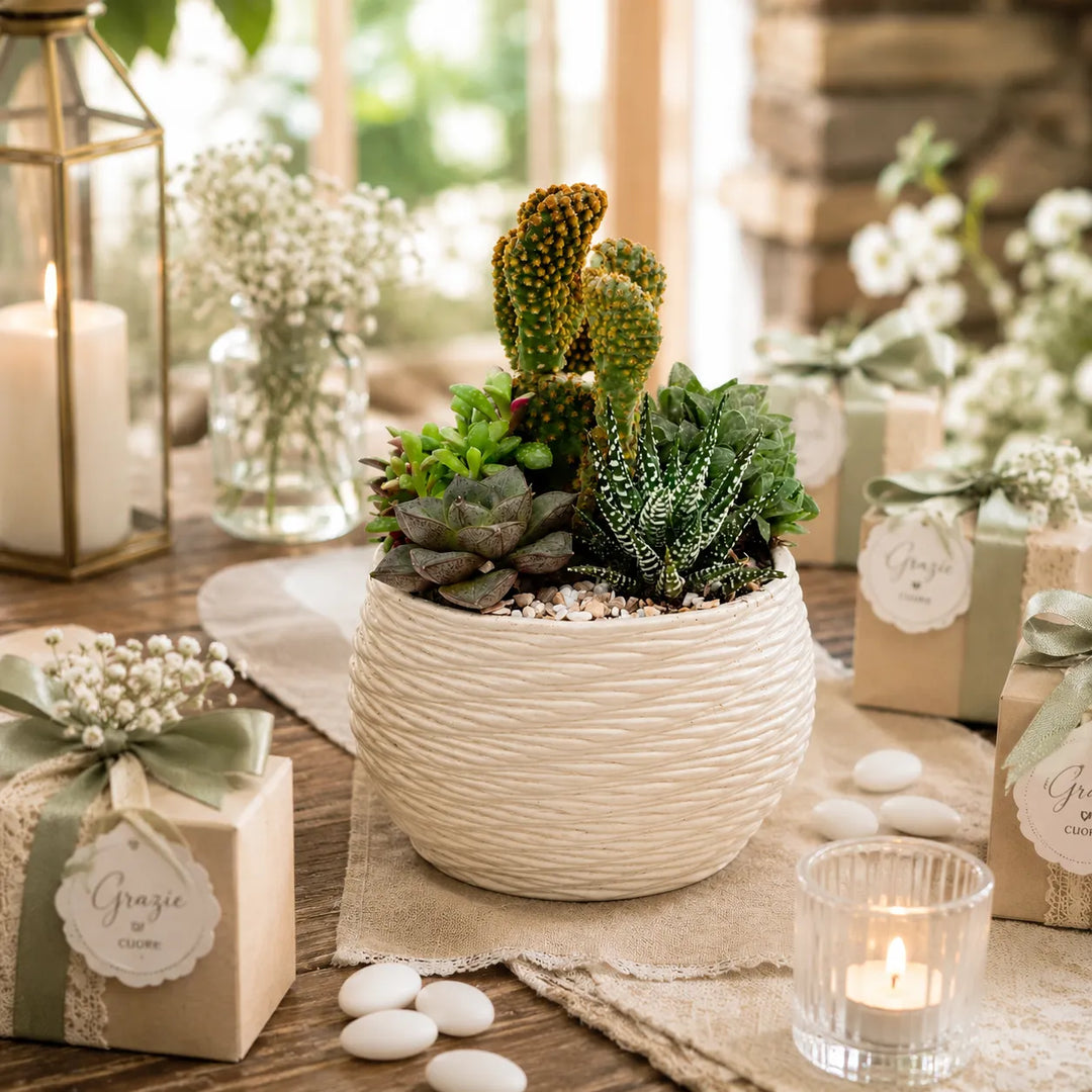 Composizione DesertiKa Carina con succulente decorative e cactus in vaso bianco elegante perfetta come idea regalo green o bomboniera naturale.