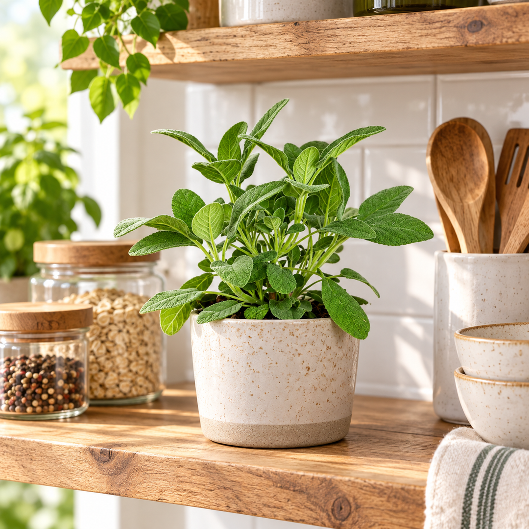 Salvia Maxima in vaso decorativo su mensola da cucina, pianta aromatica con foglie verdi