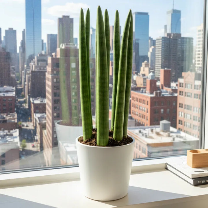 Sansevieria Cylindrica Candle in vaso di ceramica, vista ravvicinata delle foglie cilindriche