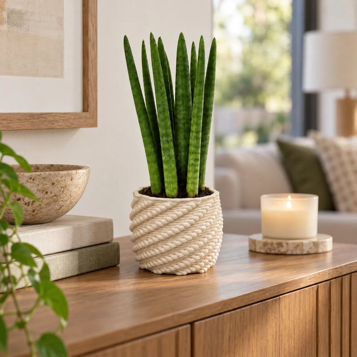 Sansevieria cylindrica in vaso artigianale Carina bianco, utilizzata come pianta da interno su mobile in legno