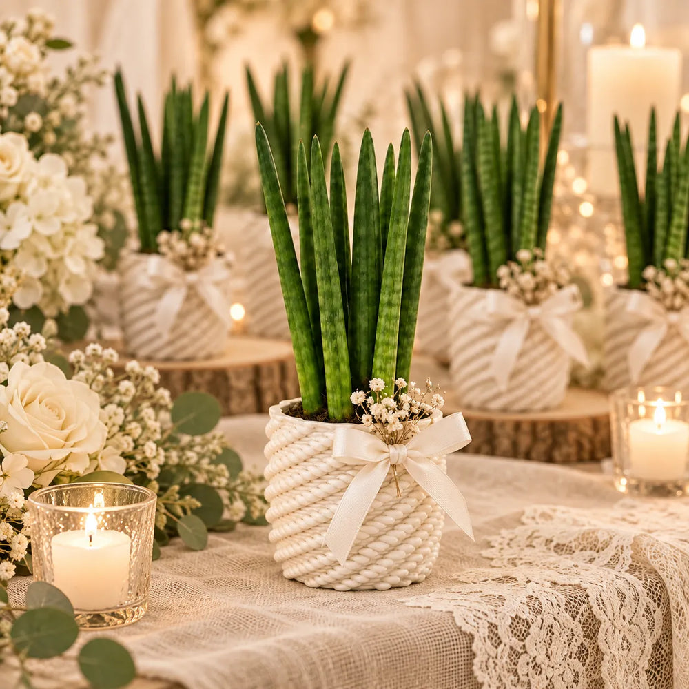 Sansevieria cylindrica in vaso di ceramica artigianale Carina bianco, decorata con fiocco e fiori come bomboniera matrimonio