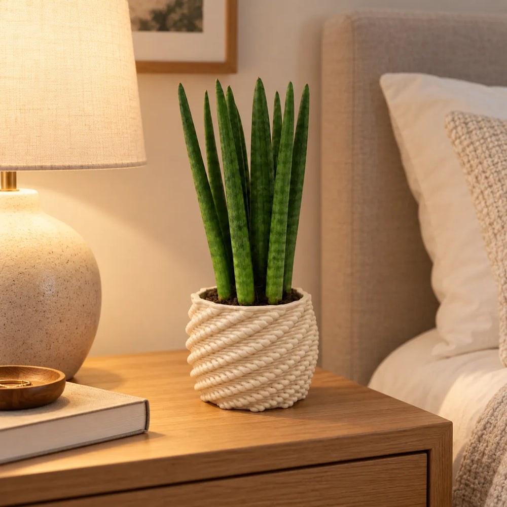 Sansevieria cylindrica in vaso di ceramica artigianale Carina bianco, ambientata su comodino in camera da letto