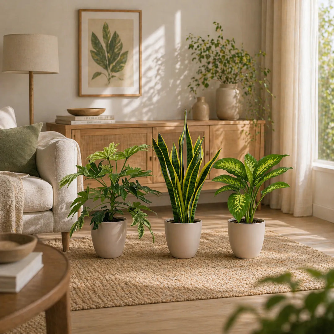 set di piante da interno con sansevieria e piante verdi in soggiorno elegante e luminoso