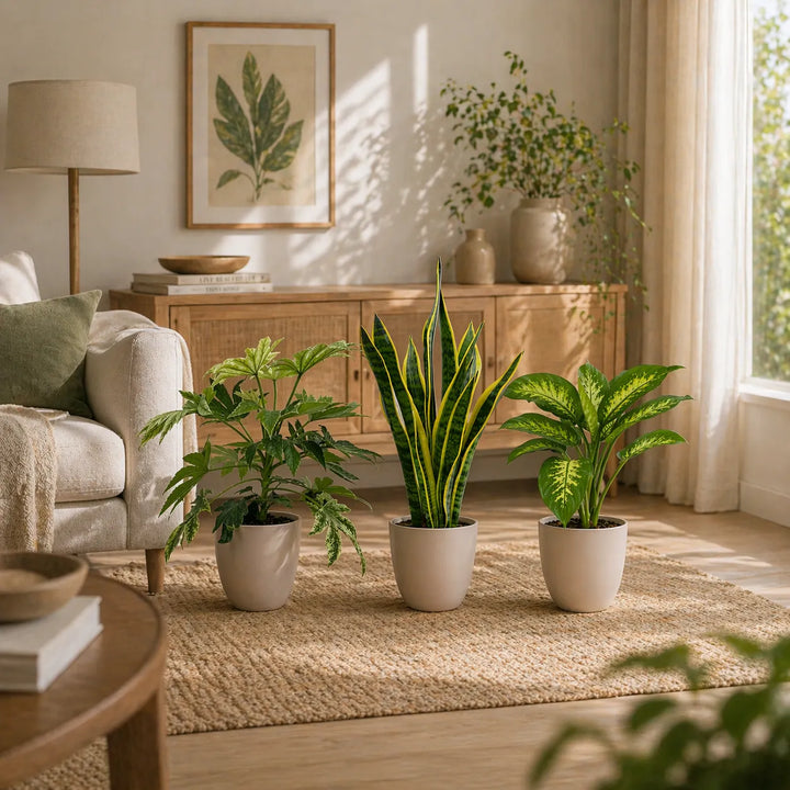 set di piante da interno con sansevieria e piante verdi in soggiorno elegante e luminoso