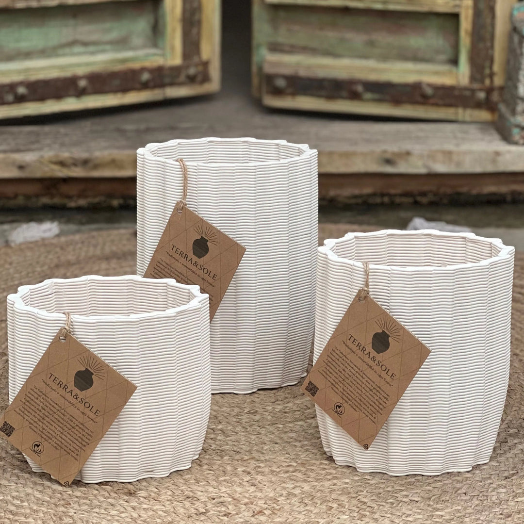Set di tre vasi Giulia Ovale in argilla bianca naturale, fotografati su tappeto in fibra con etichette Terra&Sole e sfondo rustico in legno.
