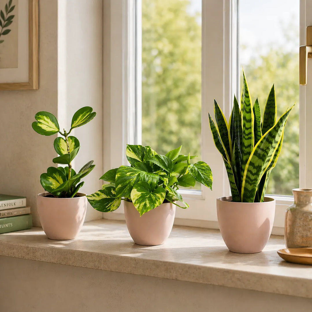 piante da interno con sansevieria pothos e peperomia vicino finestra in ambiente luminoso