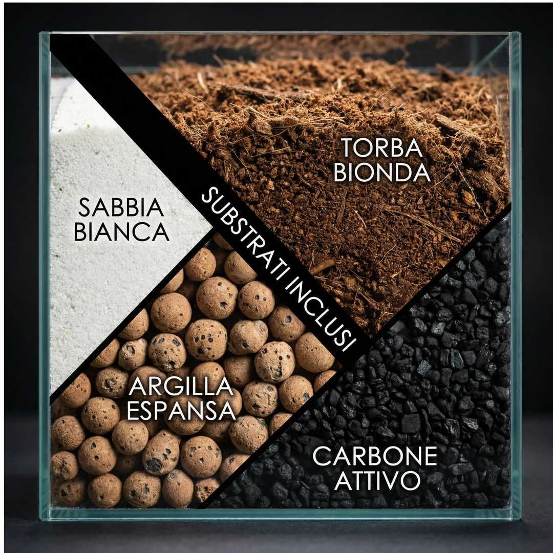Dettaglio dei substrati per Lamparium con sabbia bianca, torba bionda, argilla espansa e carbone attivo