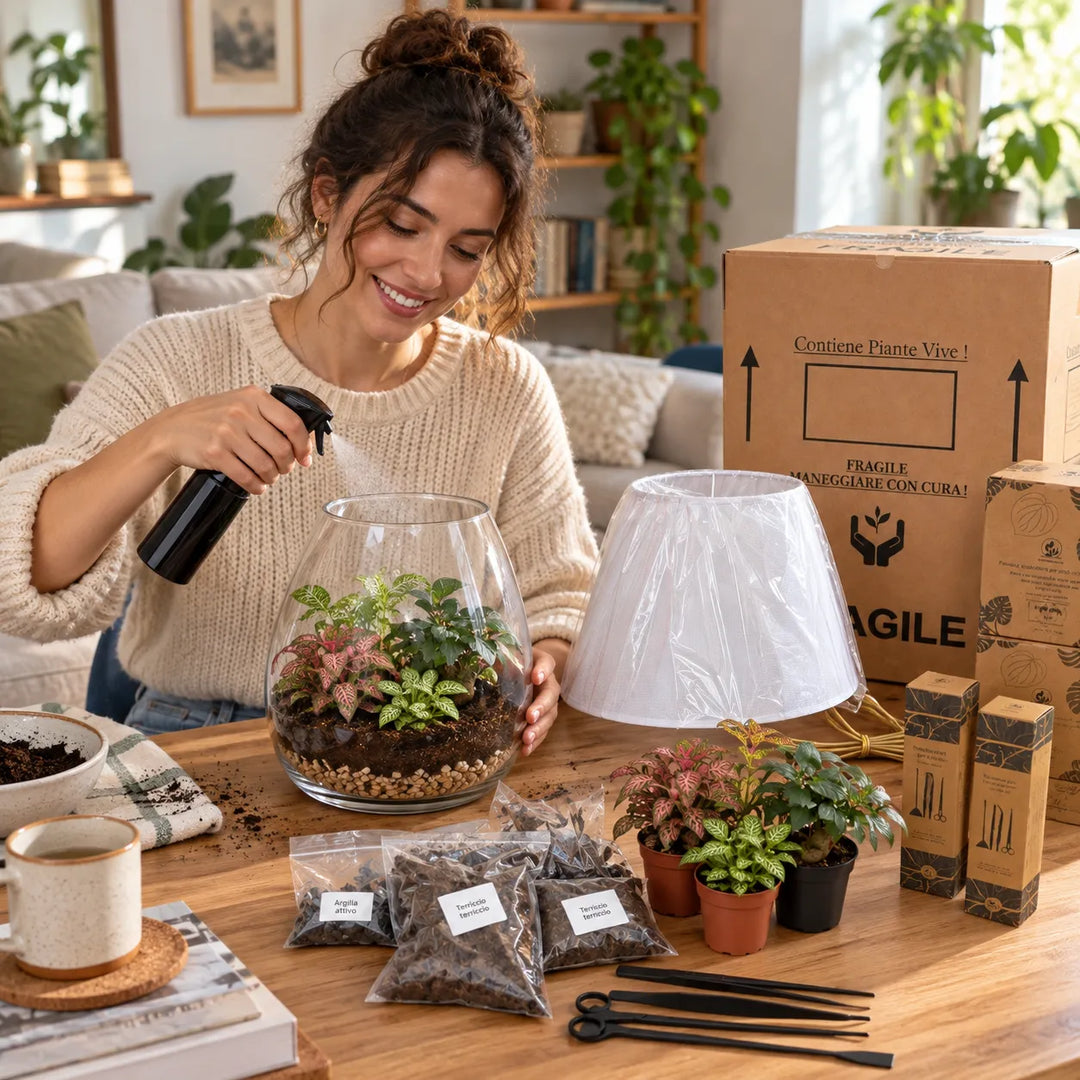 Donna mentre realizza il Super Kit fai da te Lamparium con vaso in vetro, piantine, substrati, nebulizzatore e attrezzi inclusi