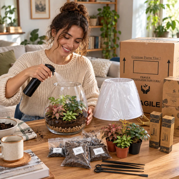 Donna mentre realizza il Super Kit fai da te Lamparium con vaso in vetro, piantine, substrati, nebulizzatore e attrezzi inclusi