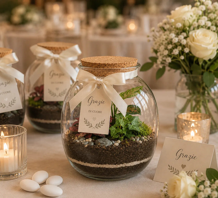 Terrarium Carlotte con piante verdi tropicali, Fittonia rossa ed edera in vaso di vetro con tappo in sughero e fiocco decorativo per matrimonio.