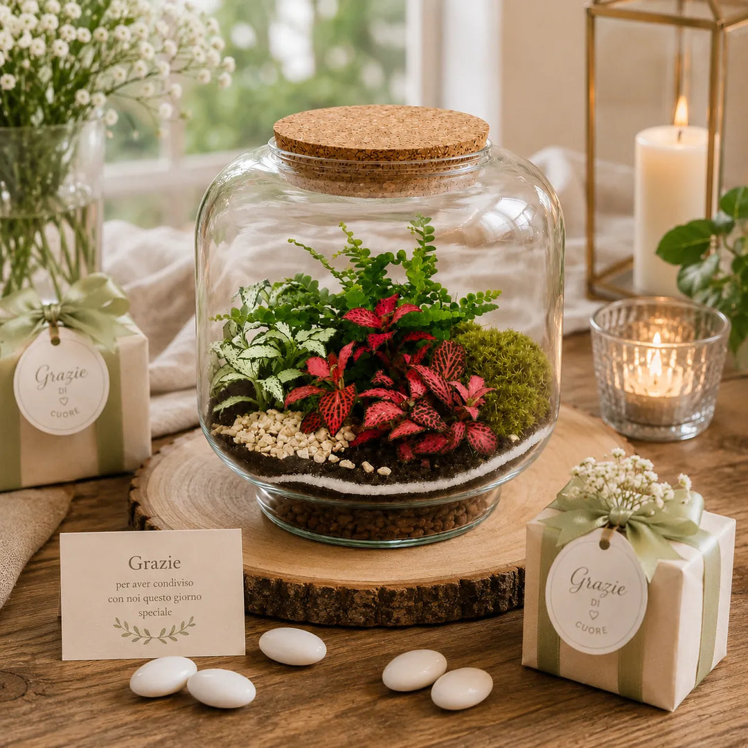 Terrarium da interno con composizione di piante tropicali, muschio verde e ghiaia decorativa ideale come regalo green o complemento d’arredo.
