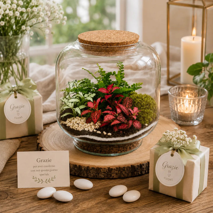 Terrarium da interno con composizione di piante tropicali, muschio verde e ghiaia decorativa ideale come regalo green o complemento d’arredo.