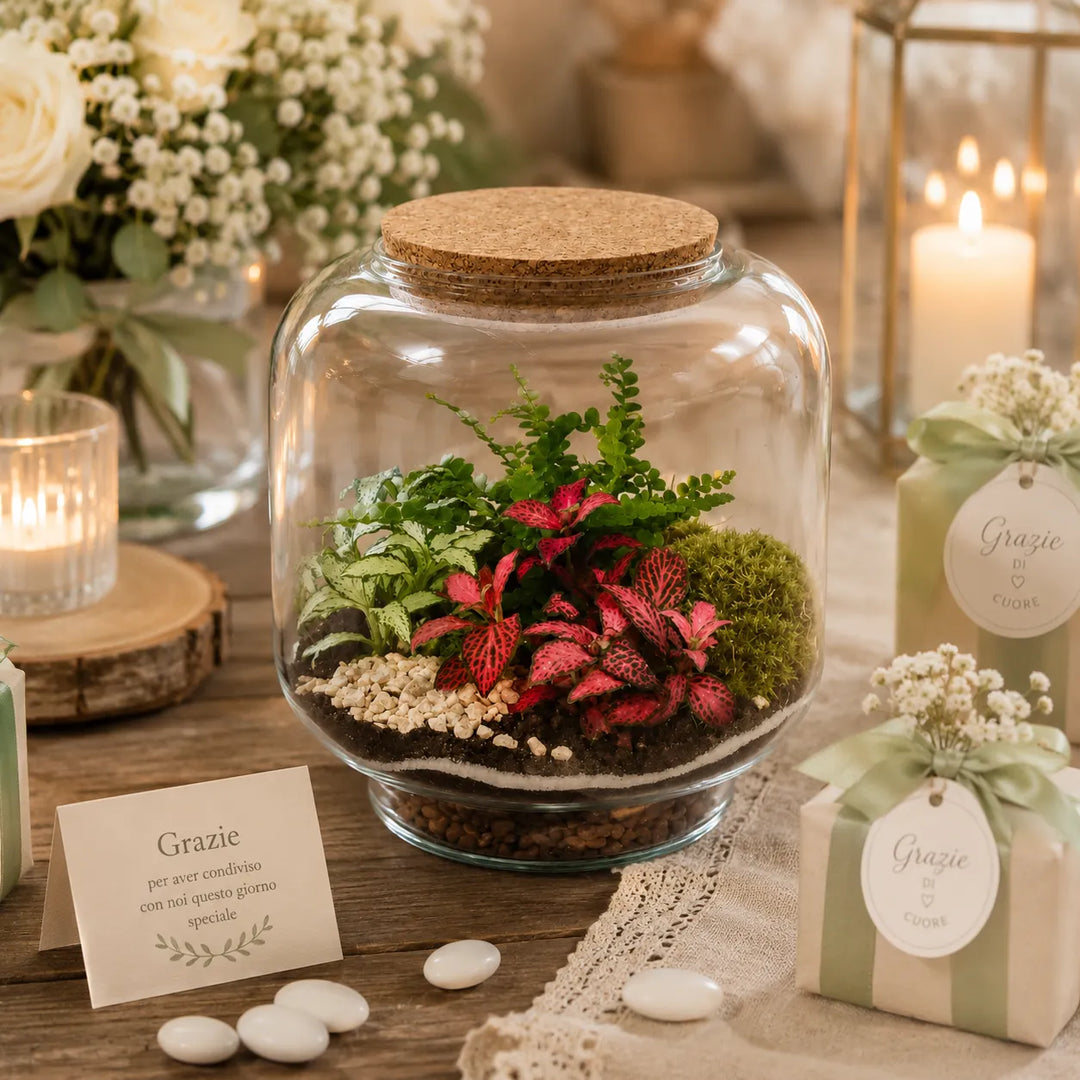 Terrarium Hortus in vetro con fittonia rossa, felci e muschio decorativo ideale come bomboniera green elegante per matrimonio ed eventi.